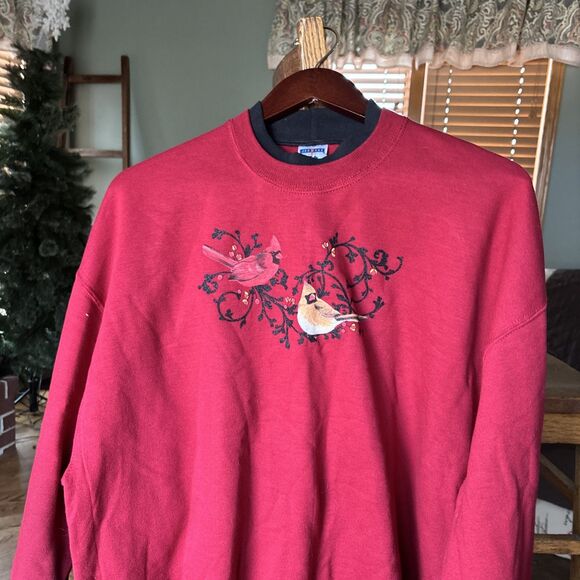 Vintage Christmas Sweatshirt Embroidered CARDINALS 90’s Crewneck XL COTTAGECORE - Picture 2 of 5